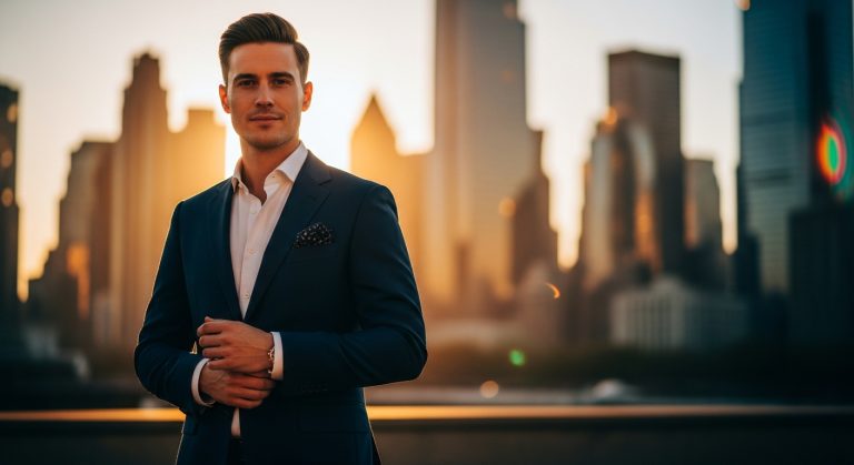 Man in navy suit standing by city skyline.