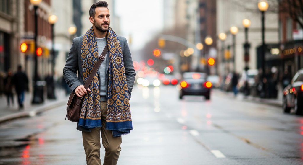 Man wearing a patterned scarf paired with a solid coat and neutral pants, urban streetscape background.
