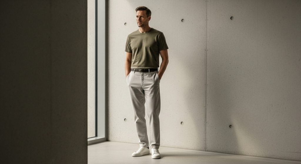 Minimalist men’s outfit with neutral colors against concrete modern walls.