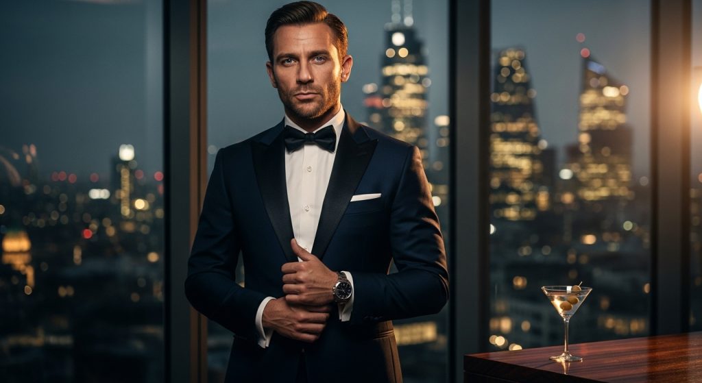 James Bond-inspired man in a fitted tuxedo, standing confidently in a modern evening setting.