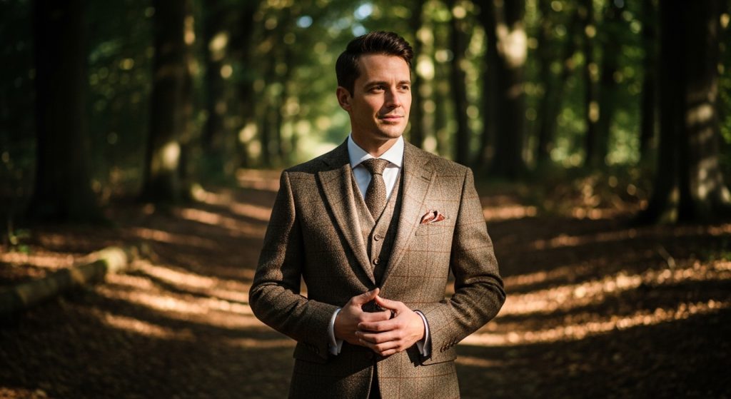 Man in brown tweed suit outdoors.