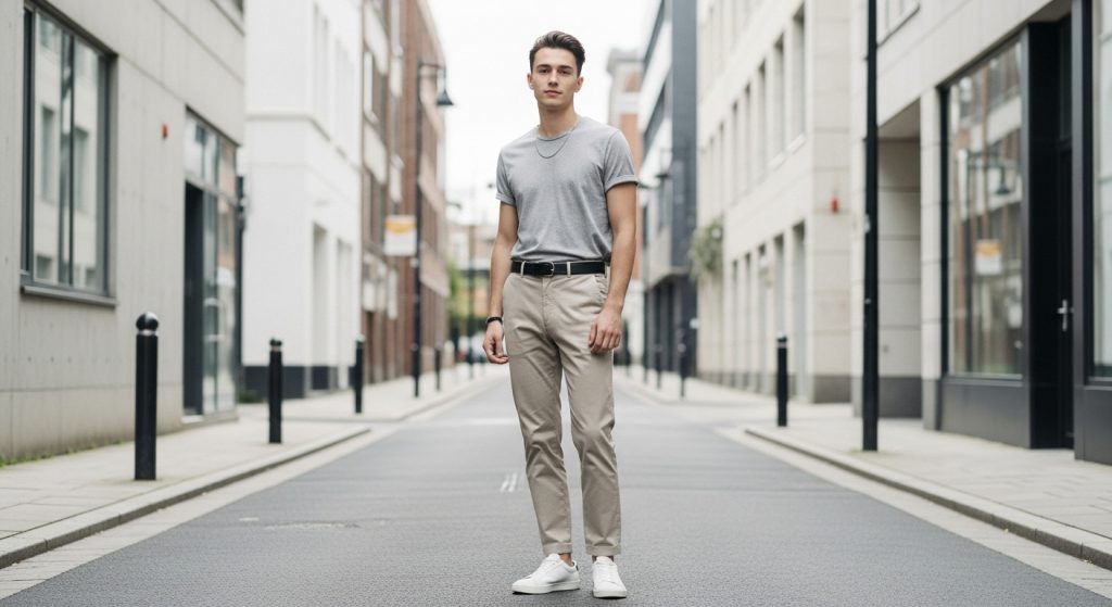 Young man in minimalist outfit on street, neutral tones, budget-friendly style.