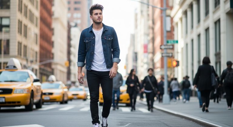 Young man wearing stylish sneakers and denim jacket walking in city street.
