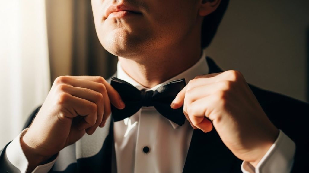 Luxury Black Tie Men’s Wedding Style: Timeless Groom Inspiration 8 Close-up of groom adjusting bow tie with styled hair and clean manicure.