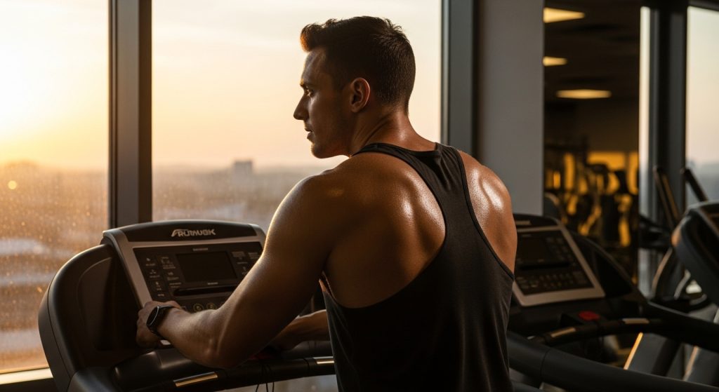 Man looking out of a gym window after a workout in warm natural light.