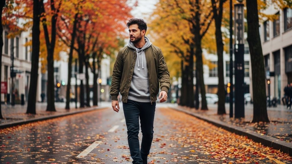 Must-Have Jackets for Men This Fall: Style and Warmth Combined 3 Olive bomber jacket layered over hoodie.