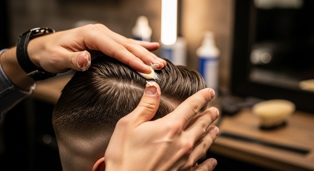 Hands of a barber applying pomade to a client’s hair in a studio lighting setting, demonstrating proper technique.