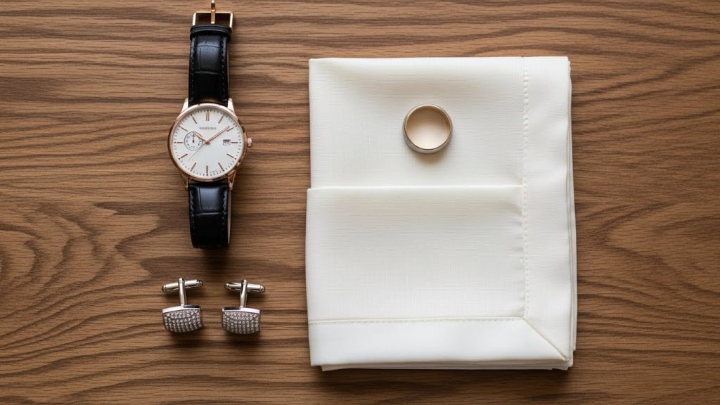Luxury Black Tie Men’s Wedding Style: Timeless Groom Inspiration 7 Flat-lay of wedding accessories including cufflinks, pocket square, watch, and ring.