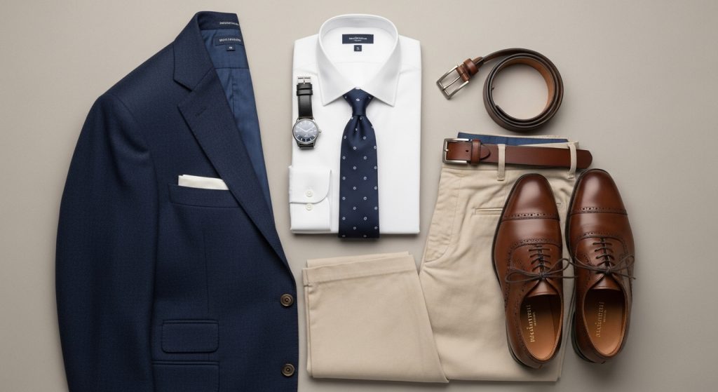 Flat lay of men’s classic wardrobe: white shirt, navy blazer, dark chinos, brown shoes.