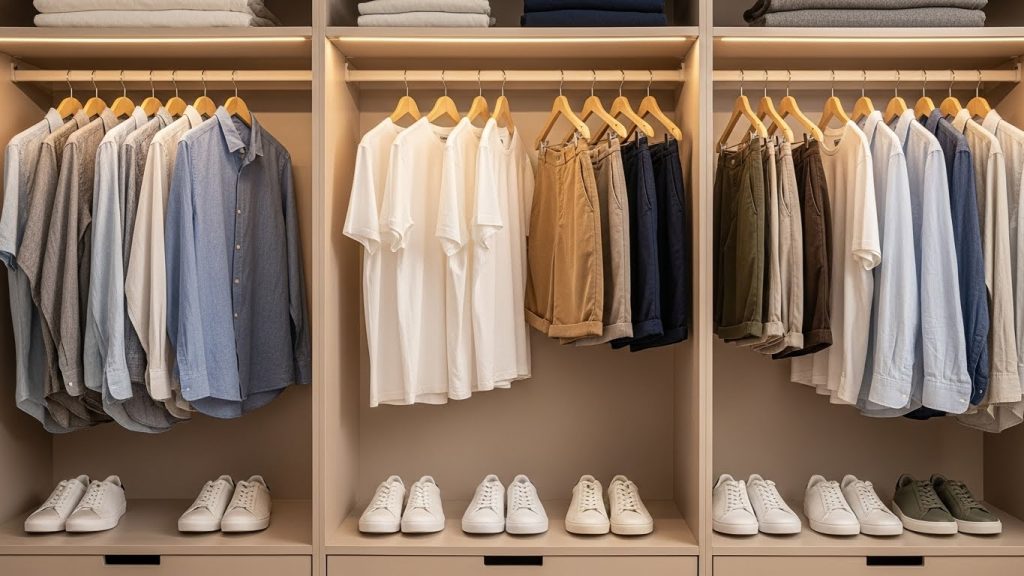 Organized men’s summer capsule wardrobe with shirts and shorts.