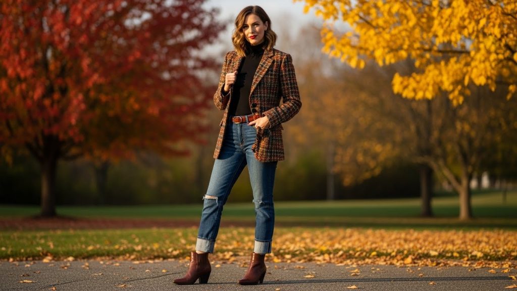 Thanksgiving Outfits Women Cute Cozy and Trendy 2025 6 Full-body image of a woman wearing a burgundy knit dress, ankle boots, and a long coat while standing beside a fall-themed Thanksgiving porch.