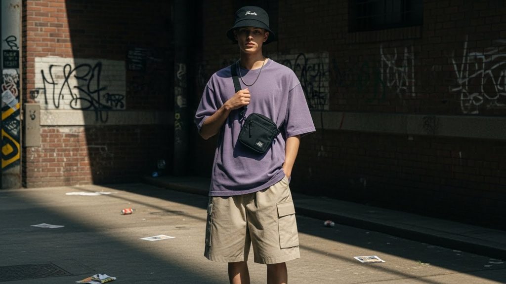 Modern streetwear outfit with cargo shorts and oversized tee.