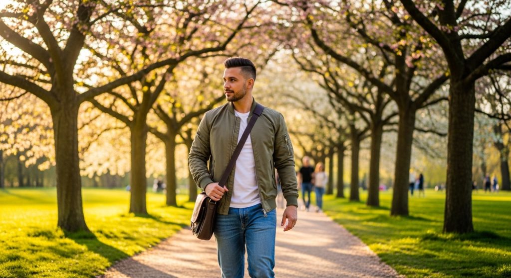 Man in a light olive bomber jacket walking in a sunlit park.