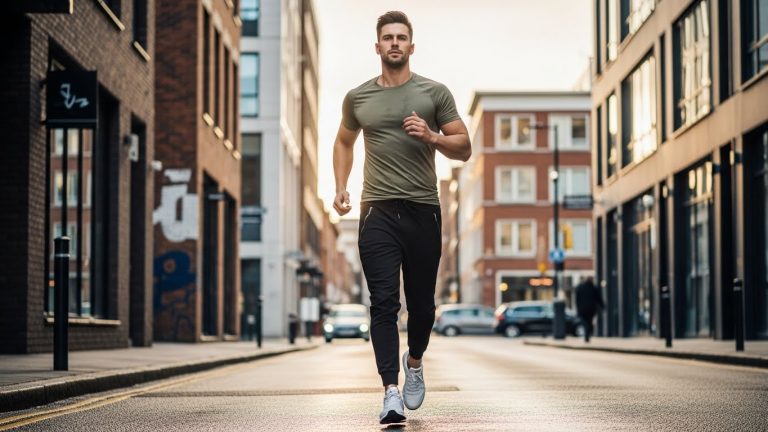 Fit man jogging in urban street wearing stylish athletic outfit.