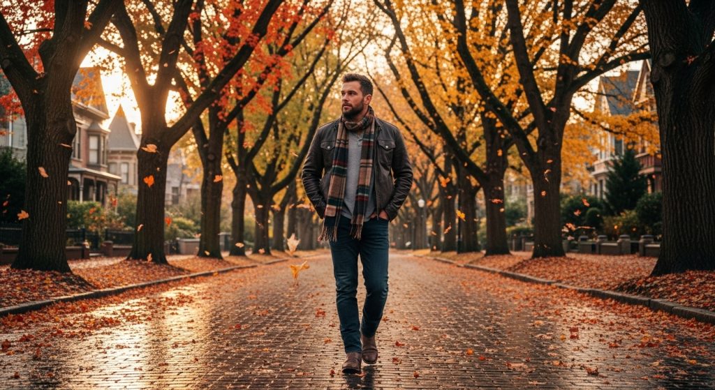 Man wearing a brown leather jacket walking down an autumn tree-lined street.