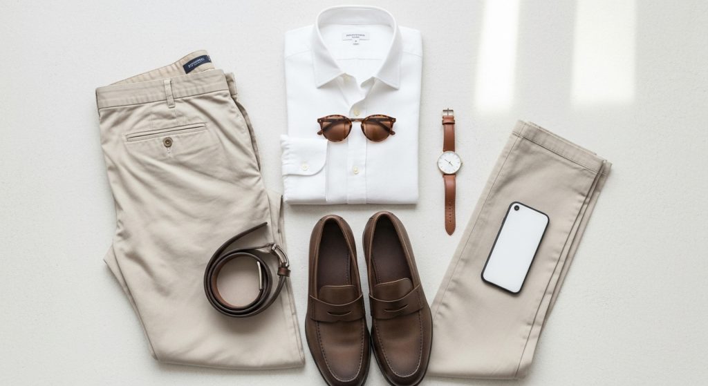 Flat lay of neutral-toned outfit: beige pants, white shirt, brown leather shoes, matching belt.