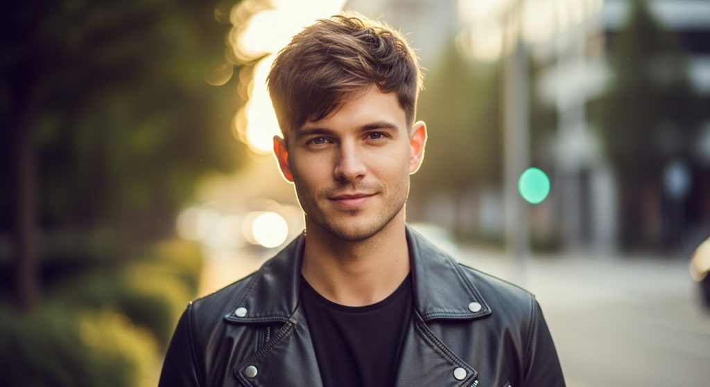Man showing a textured crop haircut with messy layers in soft sunlight, outdoor urban environment.