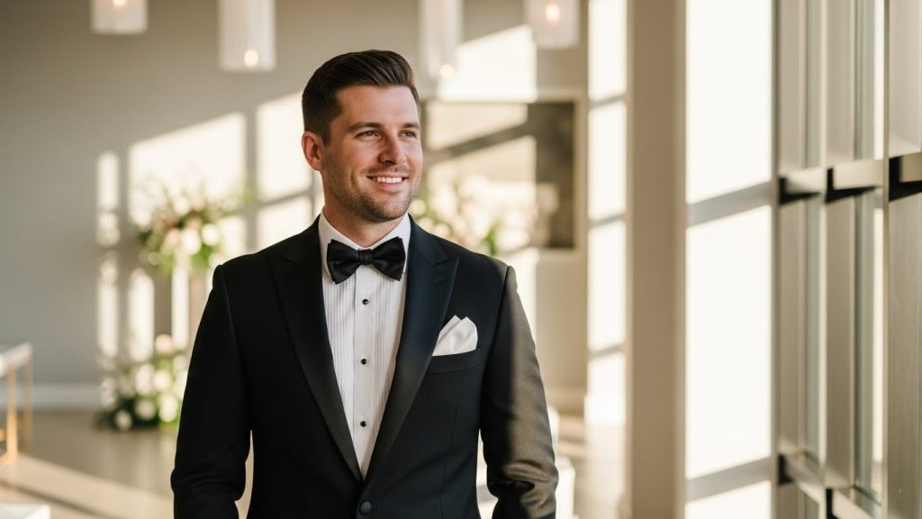 Luxury Black Tie Men’s Wedding Style: Timeless Groom Inspiration 1 Groom in black tuxedo standing in elegant wedding venue.