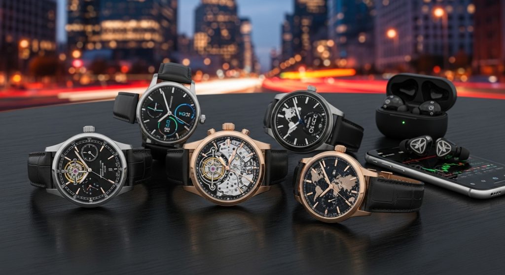 Collection of stylish men’s watches on table, urban lifestyle background, luxury and tech styles combined.