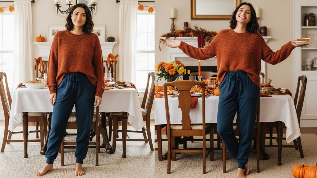 Thanksgiving Outfits Women Cute Cozy and Trendy 2025 10 Full-body image of a woman in a fall floral maxi dress, denim jacket, and heeled boots standing on a leaf-covered backyard ready for Thanksgiving dinner.