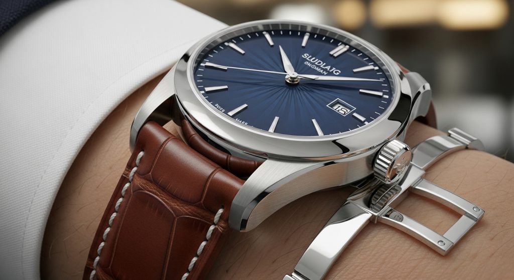 Close-up of a luxury men’s watch on a wrist with steel case and leather strap, modern business attire.