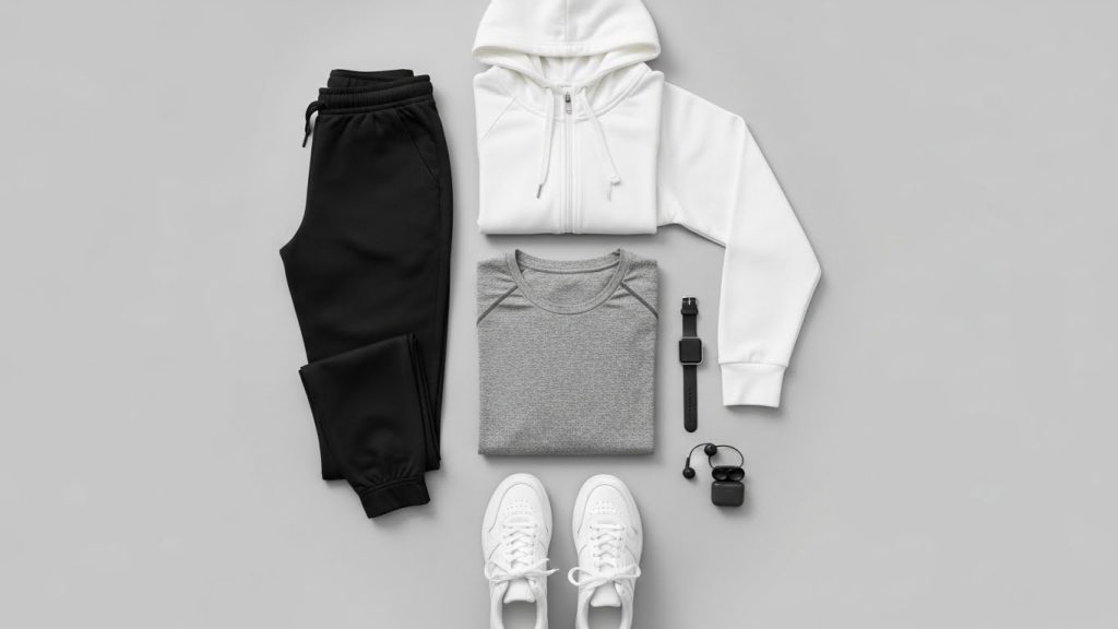 How to Stay Fit and Stylish: The Ultimate Fashion Guide for Active Men 2 Flat lay of grey t-shirt, black joggers, white sneakers, and zip-up hoodie.