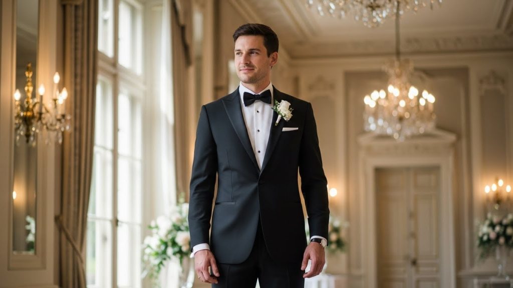 Luxury Black Tie Men’s Wedding Style: Timeless Groom Inspiration 9 Full-body shot of groom in black tuxedo in wedding hall with natural lighting.