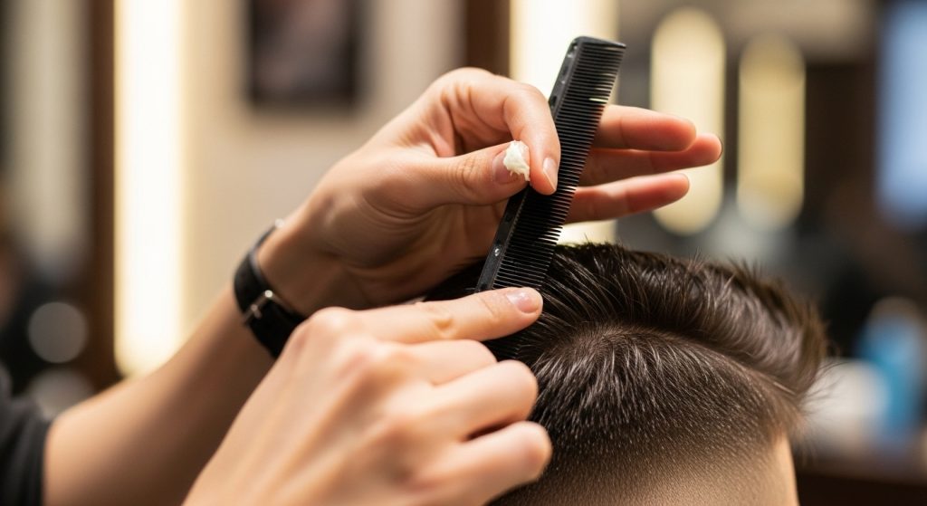 Hands of a stylist applying pomade and shaping a client’s hair with a comb in professional salon lighting.