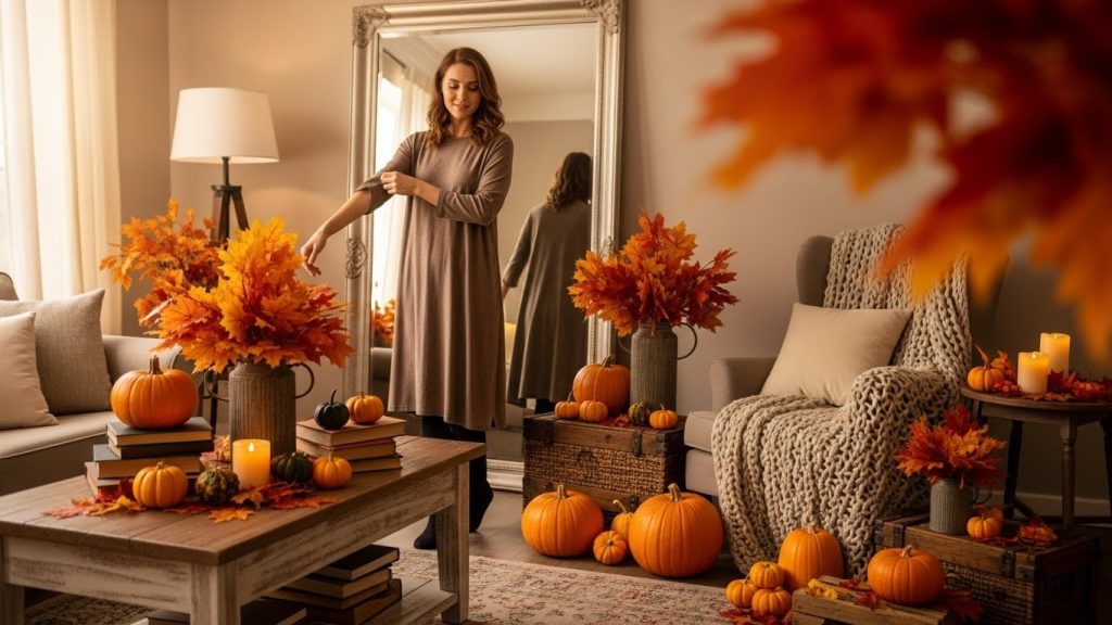 Thanksgiving Outfits Women Cute Cozy and Trendy 2025 1 Full-body image of a woman in a cozy Thanksgiving outfit wearing a knit sweater, wool skirt, and boots, standing on a fall path with golden leaves.