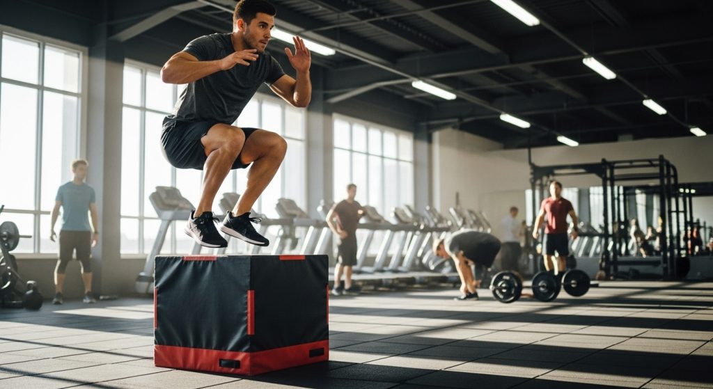Man doing box jumps wearing flexible gym shorts in a bright gym.