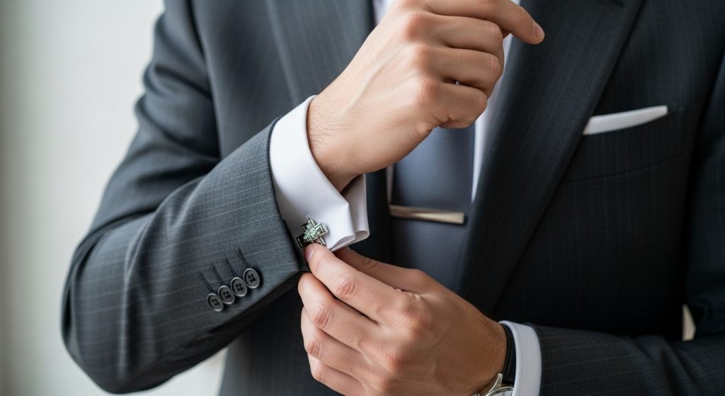 Close-up of a man adjusting cufflinks and tie bar on a tailored suit sleeve, polished fabrics and accessories.