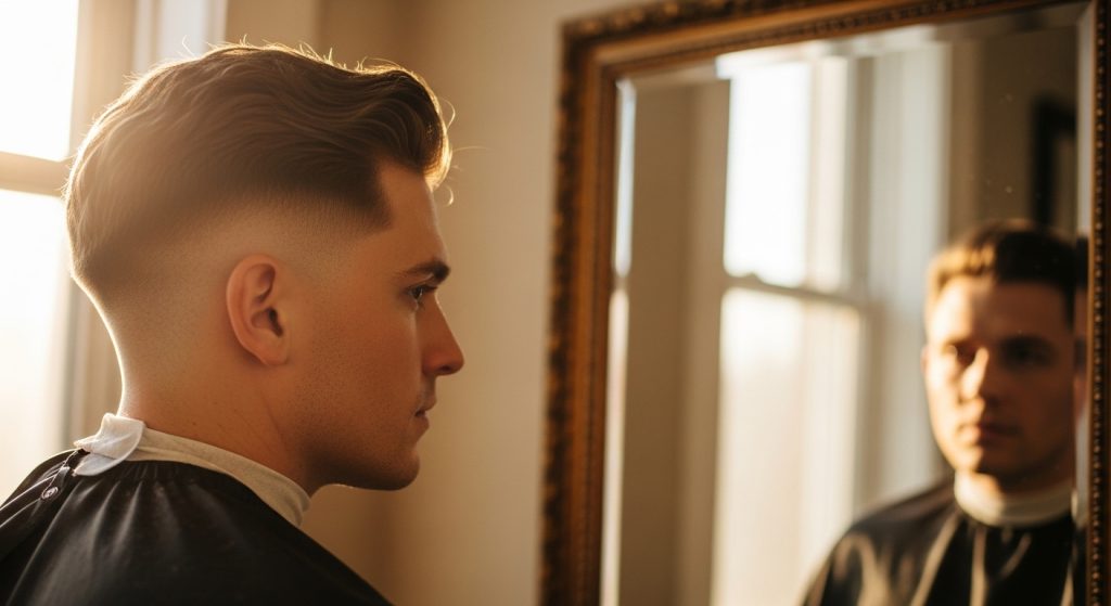 Man checking his neatly styled haircut in a mirror, sunlight highlighting hair texture and face shape.