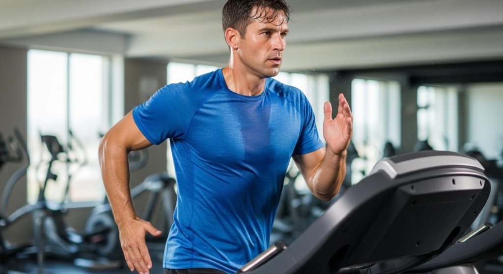 Man running on a treadmill wearing a lightweight performance t-shirt.