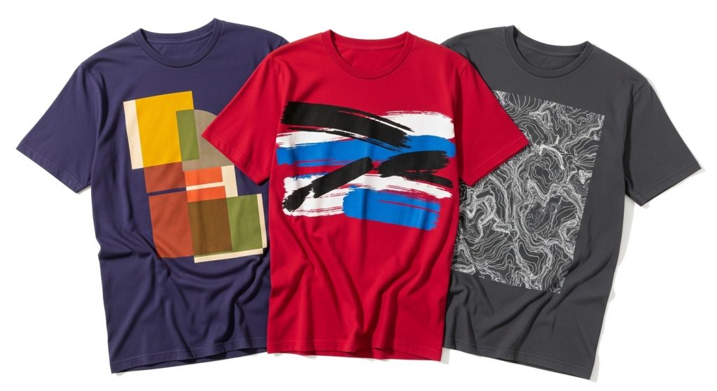 Bold graphic T-shirts displayed in a neat flat-lay with clean white background.