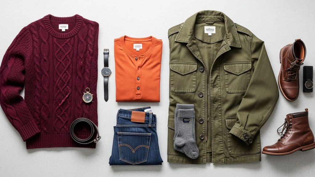 Men’s outfits in rich bold tones.