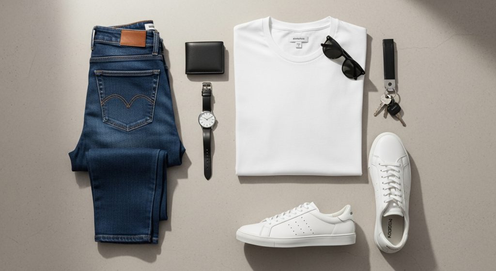 Flat lay of men’s wardrobe basics: white tee, dark jeans, sneakers, simple accessories