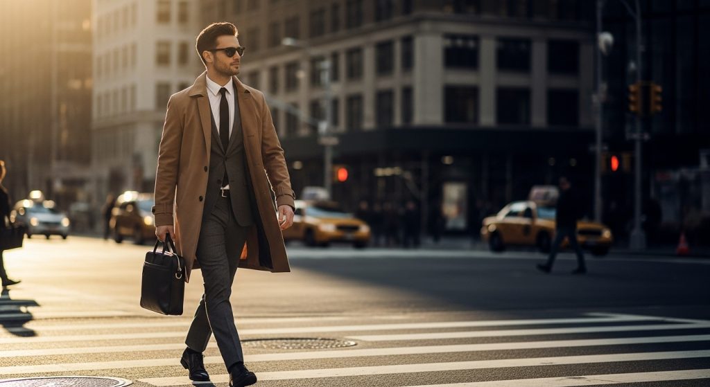 Confident man walking across a city crosswalk in modern street style outfit.