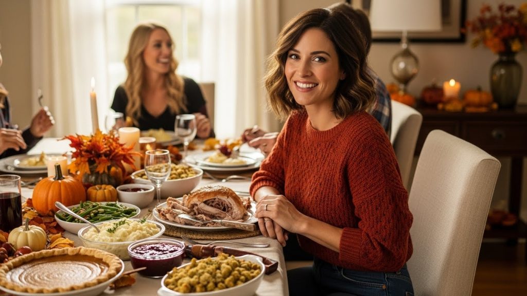 Thanksgiving Outfits Women Cute Cozy and Trendy 2025 11 Full-body image of a woman wearing a stylish turtleneck dress, belt, and knee-high boots in a warm indoor room decorated with Thanksgiving accents.