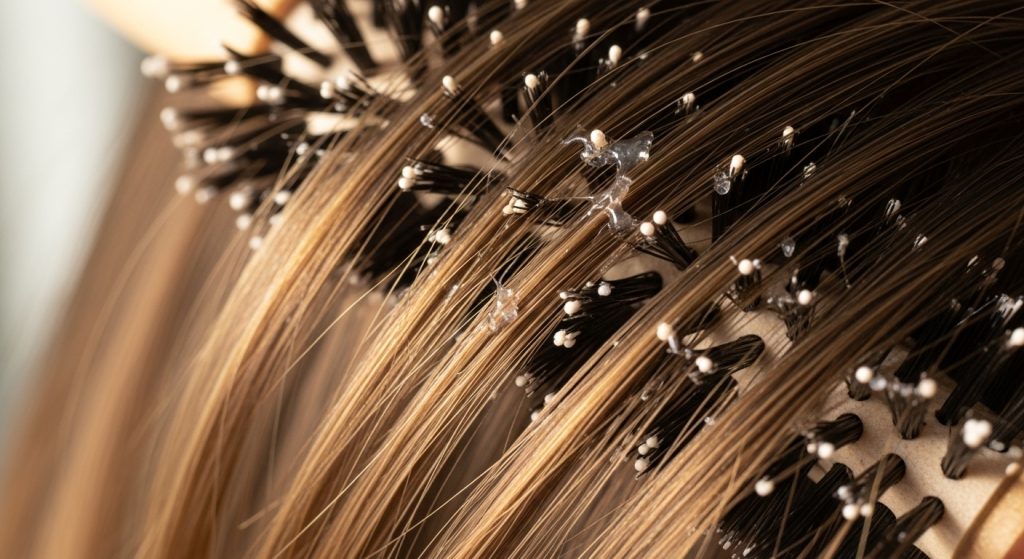 Close-up of male hair being gently styled with a brush, minimal product, natural light emphasizing texture