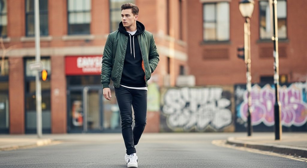 Urban Fashion: How to Style Sneakers Like a Pro | Street Style Tips 5 Young man layering hoodie under bomber jacket with sneakers visible in urban street.