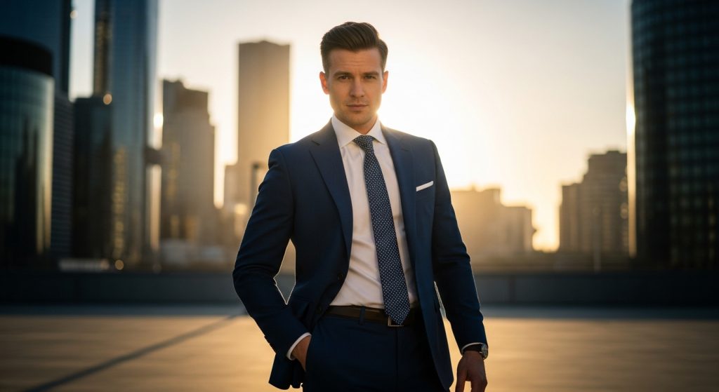 Man in navy suit standing by city skyline.