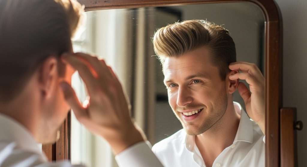 Man smiling while checking his perfectly styled pompadour in a mirror, sunlight highlighting texture and shine.