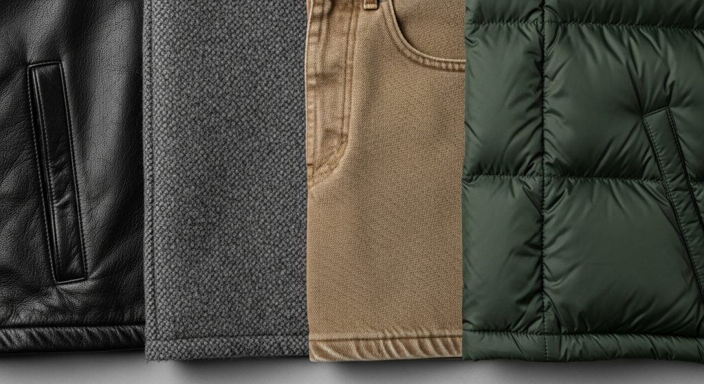 Close-up of various jacket fabrics including leather, wool, cotton, and insulated down.