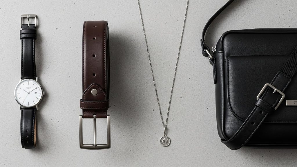 Men’s fashion accessories flat lay.