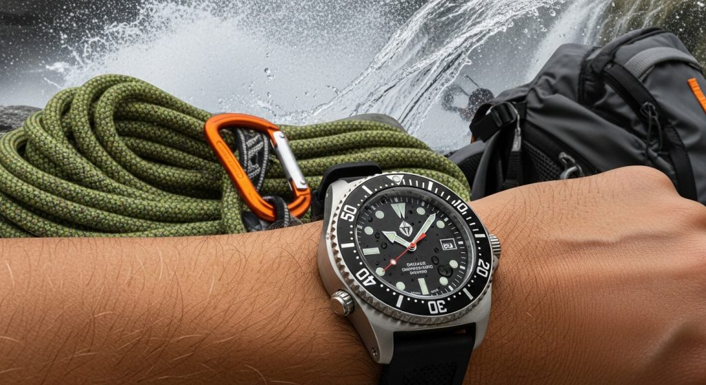 Rugged men’s dive watch on wrist with outdoor gear, water splashes, adventure setting.
