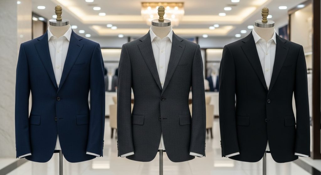 Three classic men’s suits in navy, charcoal, and black on mannequins, elegant fabrics and timeless design.