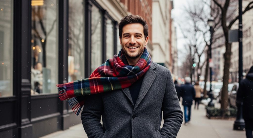 Man wearing a plaid scarf casually tossed over the shoulder with a winter coat, urban background.