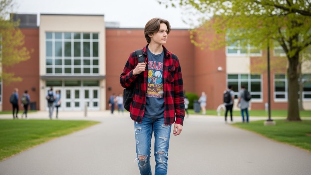 Back to School Outfits for High School | Trendy & Affordable Looks 2 Teen in jeans and graphic tee with flannel jacket.