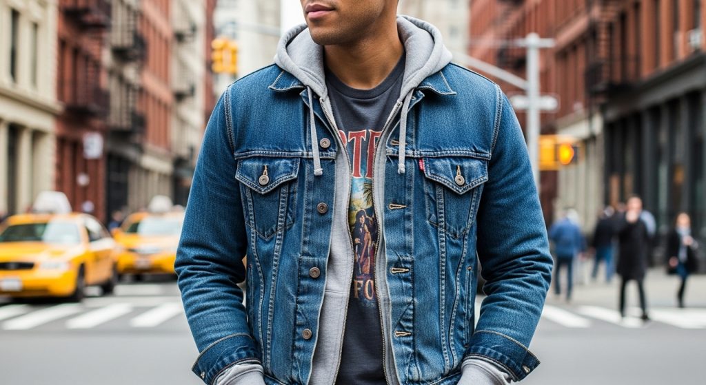 Layered men’s streetwear outfit with jacket, hoodie, and tee in downtown.
