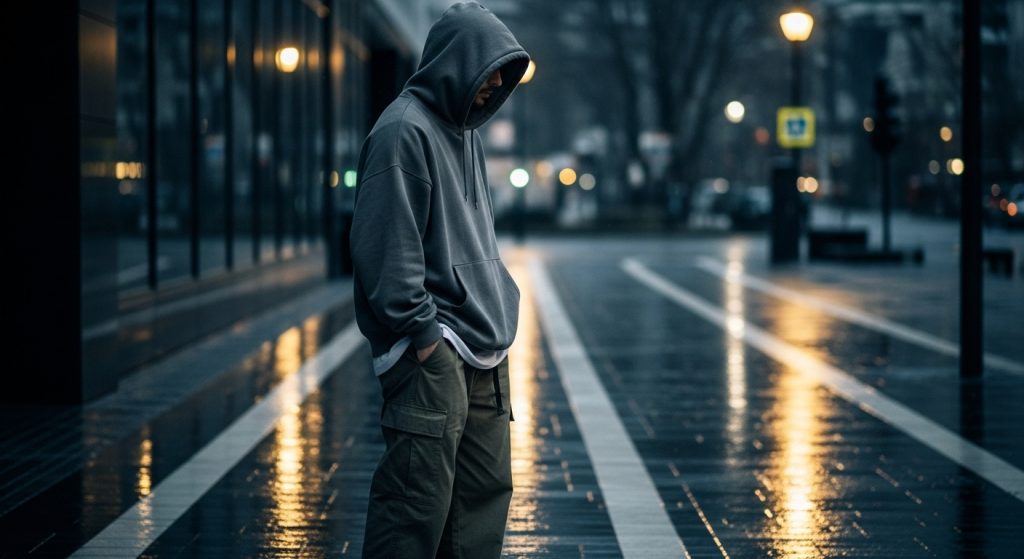 Man in oversized hoodie and relaxed pants standing on a city sidewalk.
